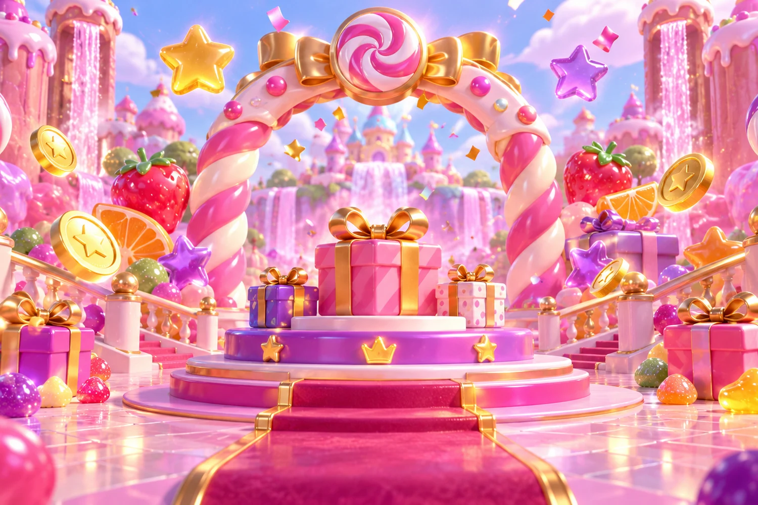 An illustrated candy kingdom filled with glossy sweets and juicy fruit