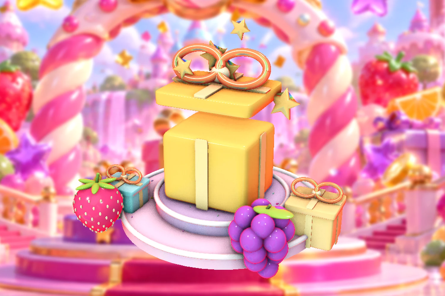 A dimensional candy celebration with wrapped presents and stars