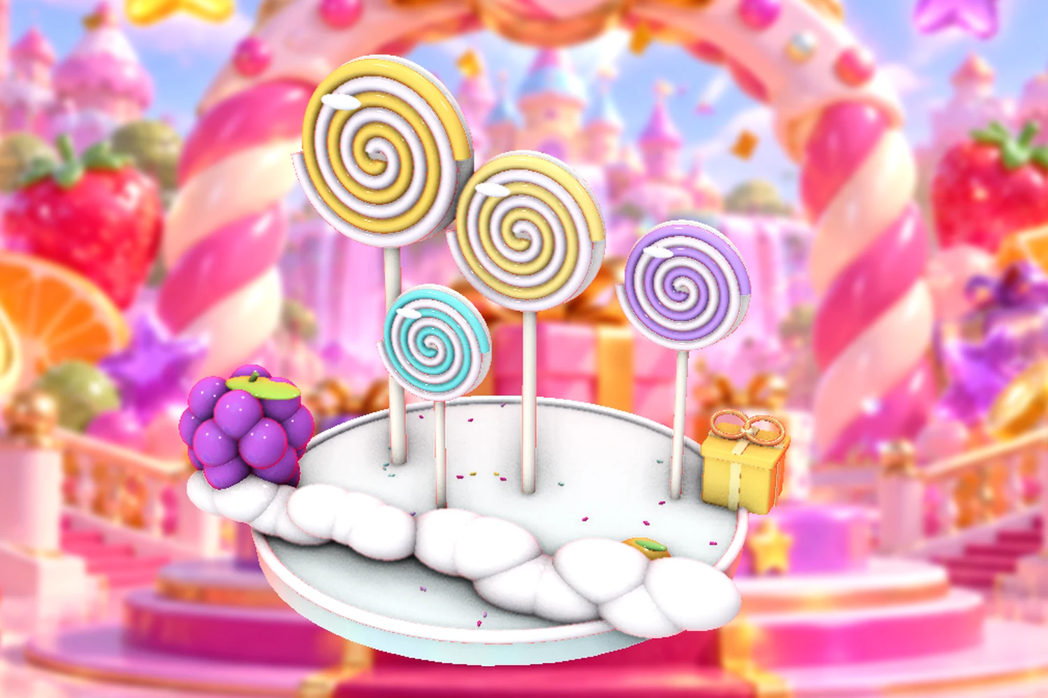 Glossy spiral lollipops, soft clouds and fruit sweets