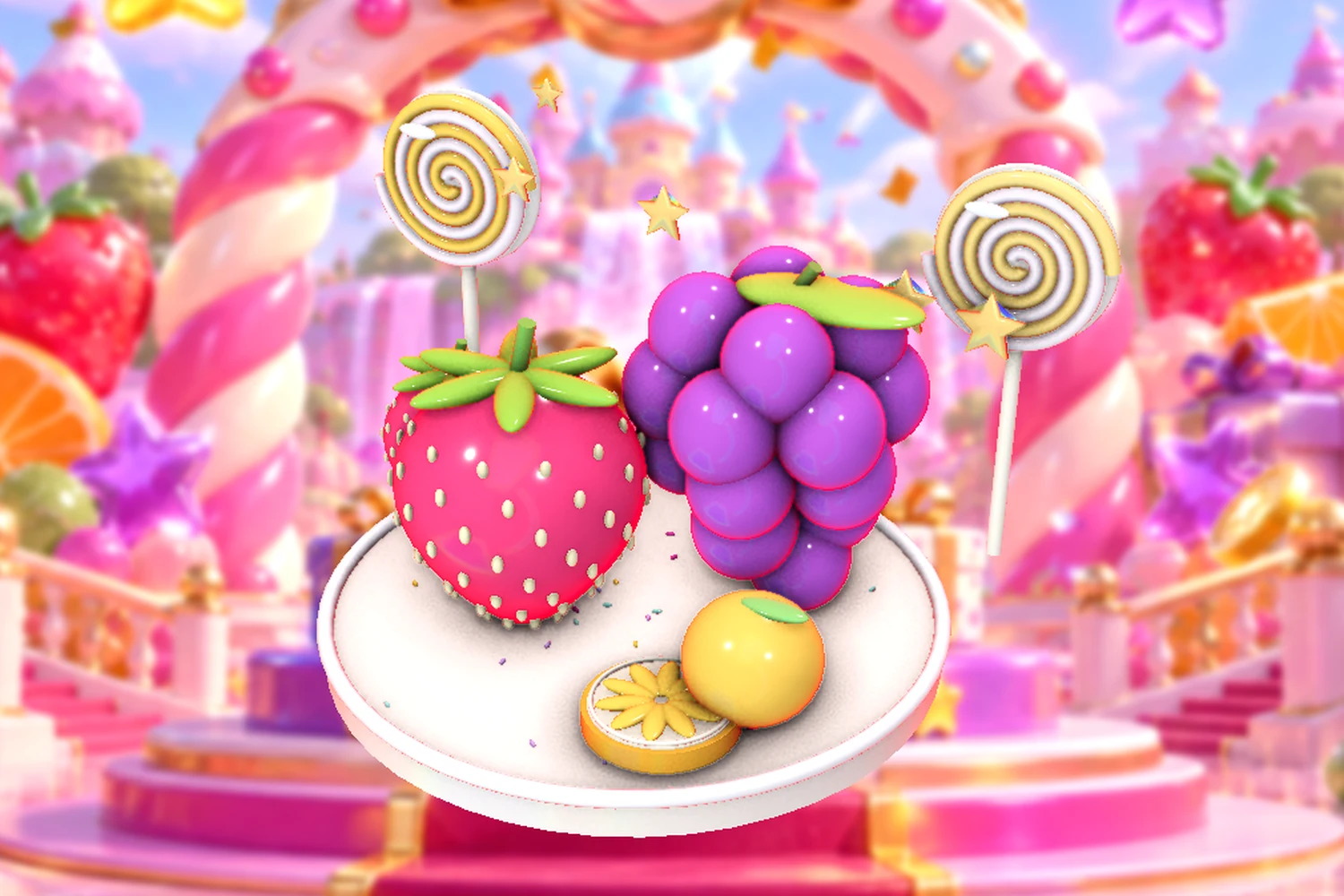 A colourful arrangement of berry sweets and shiny fruit