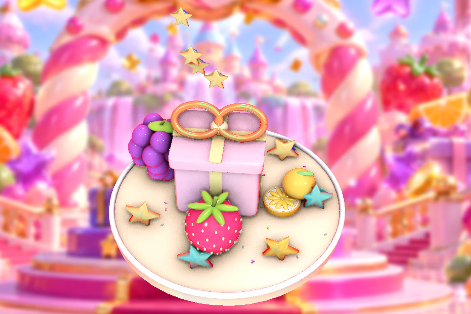 Fruit, bonbons and golden stars around a celebration display